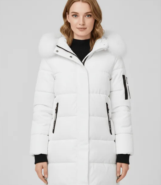 Women's Longline Puffer Coat with Faux Fur Hood Trim