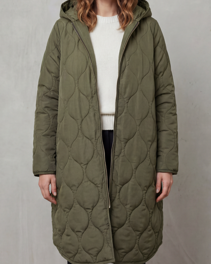 Women's Longline Puffer Coat with Wave Quilting and Hood