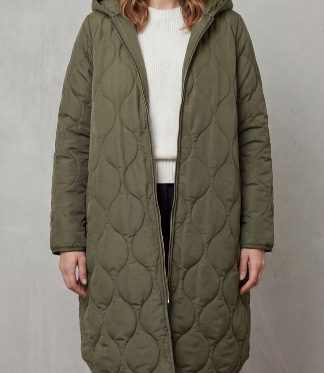 Women's Longline Puffer Coat with Wave Quilting and Hood