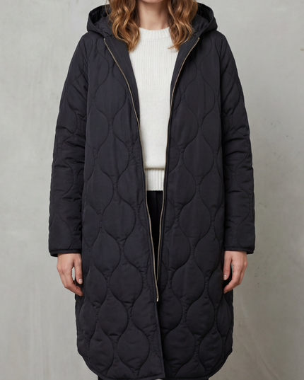 Women's Longline Puffer Coat with Wave Quilting and Hood