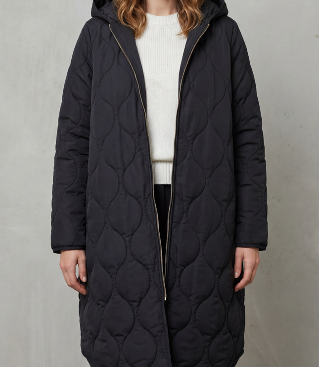 Women's Longline Puffer Coat with Wave Quilting and Hood