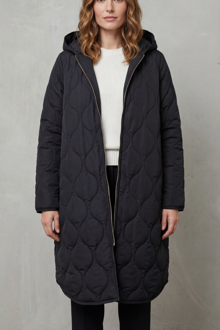 Women's Longline Puffer Coat with Wave Quilting and Hood