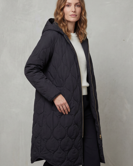 Women's Longline Puffer Coat with Wave Quilting and Hood