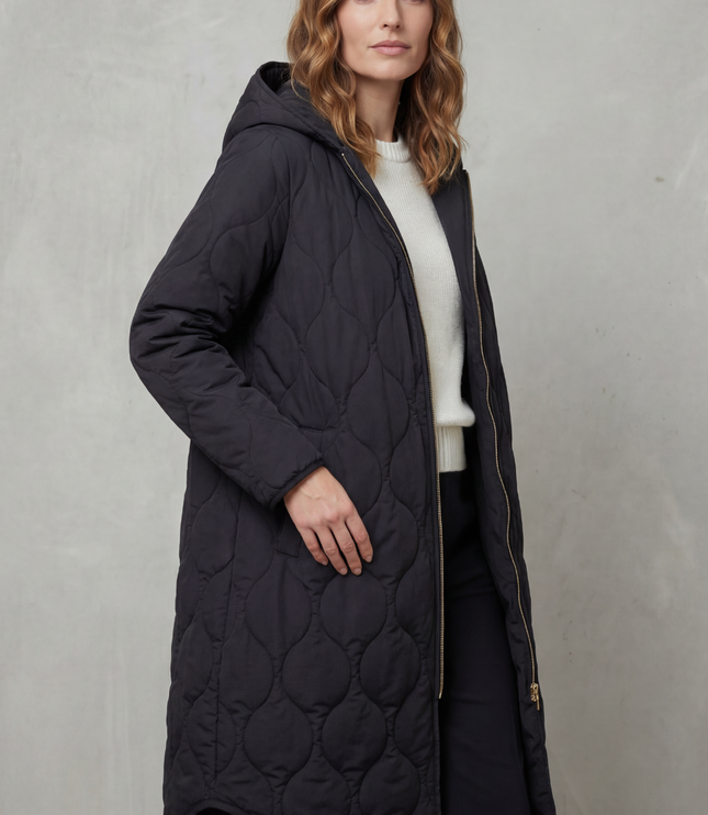 Women's Longline Puffer Coat with Wave Quilting and Hood