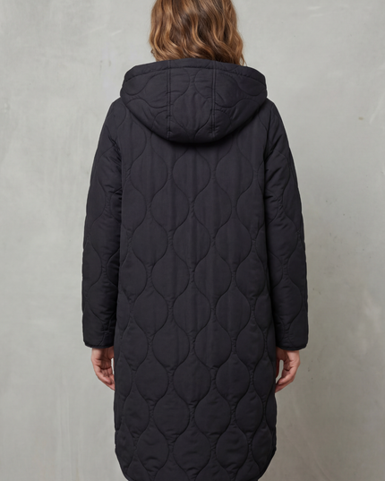 Women's Longline Puffer Coat with Wave Quilting and Hood