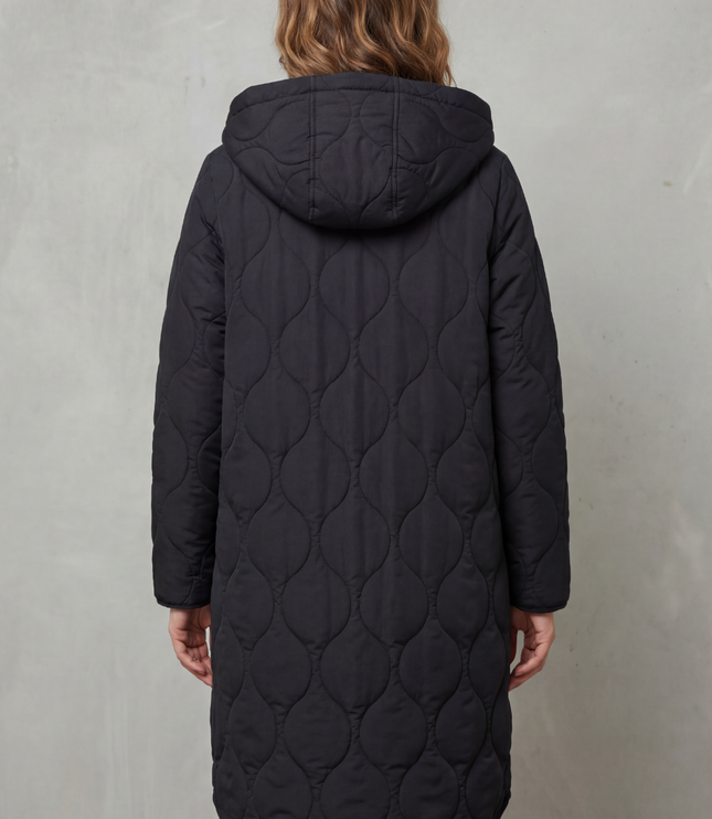 Women's Longline Puffer Coat with Wave Quilting and Hood