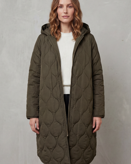 Women's Longline Puffer Coat with Wave Quilting and Hood