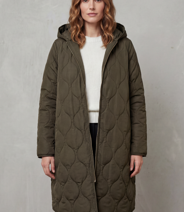 Women's Longline Puffer Coat with Wave Quilting and Hood
