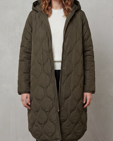Women's Longline Puffer Coat with Wave Quilting and Hood