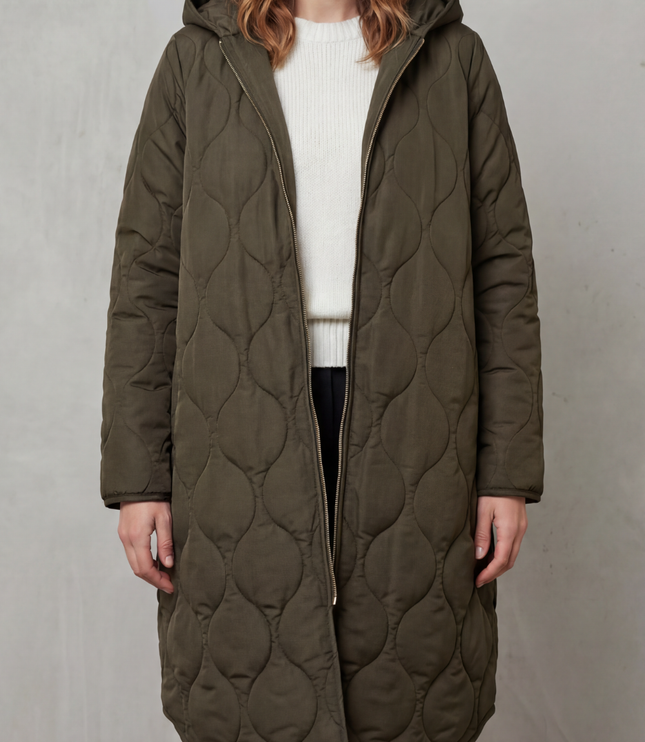 Women's Longline Puffer Coat with Wave Quilting and Hood