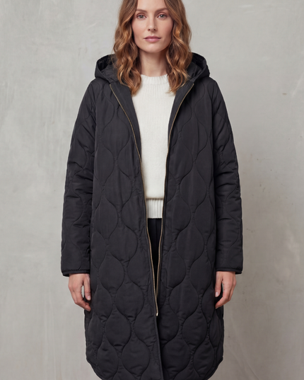 Women's Longline Puffer Coat with Wave Quilting and Hood