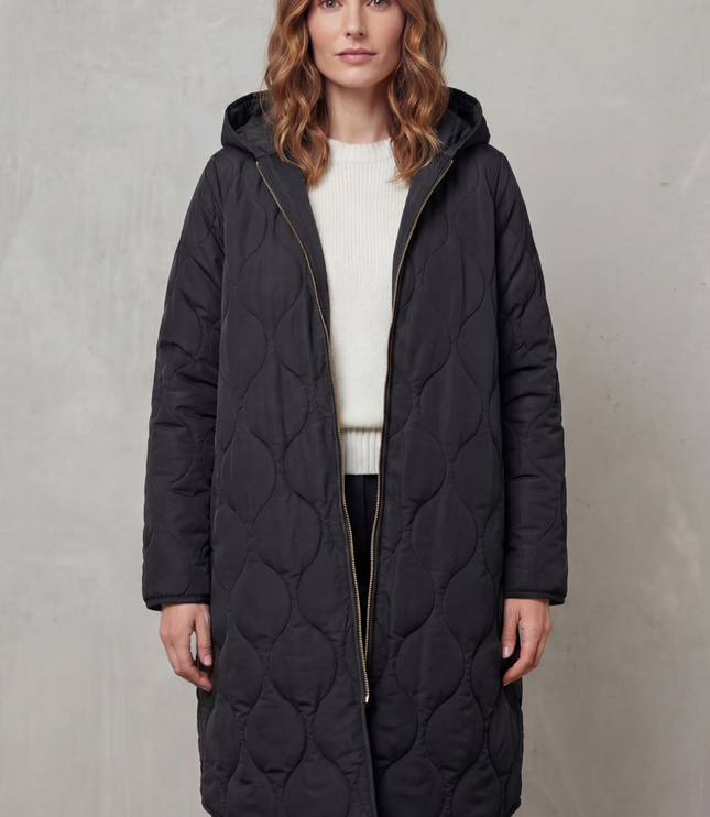 Women's Longline Puffer Coat with Wave Quilting and Hood