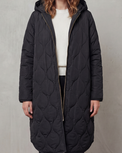 Women's Longline Puffer Coat with Wave Quilting and Hood