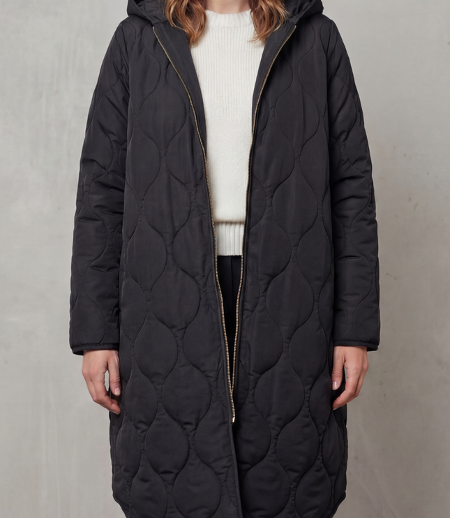 Women's Longline Puffer Coat with Wave Quilting and Hood
