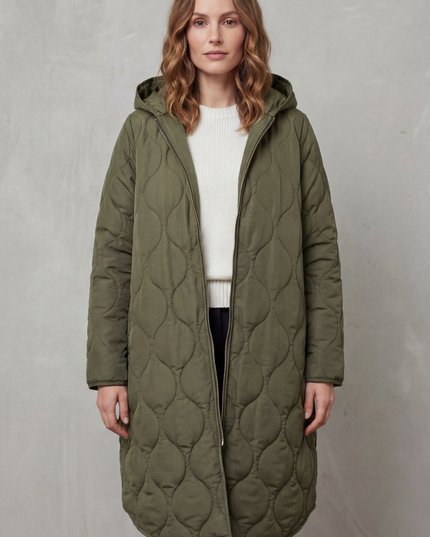 Women's Longline Puffer Coat with Wave Quilting and Hood