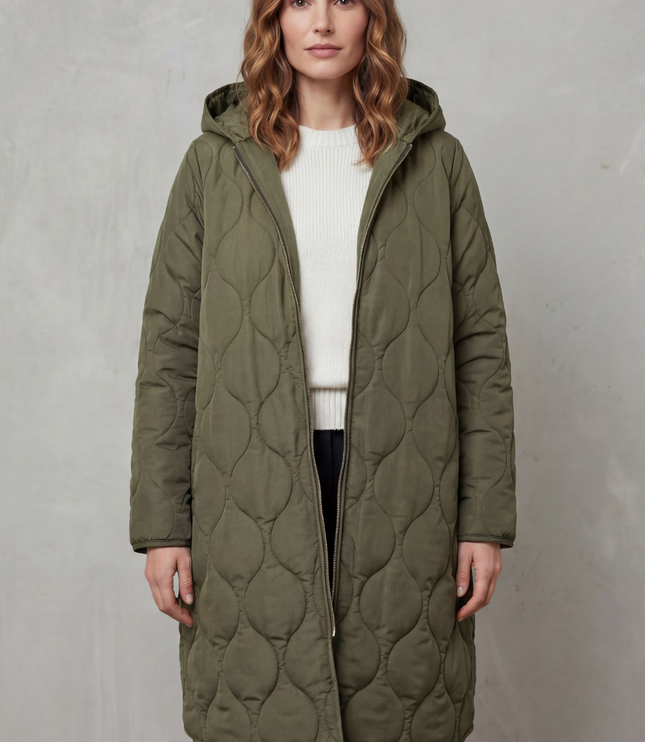 Women's Longline Puffer Coat with Wave Quilting and Hood