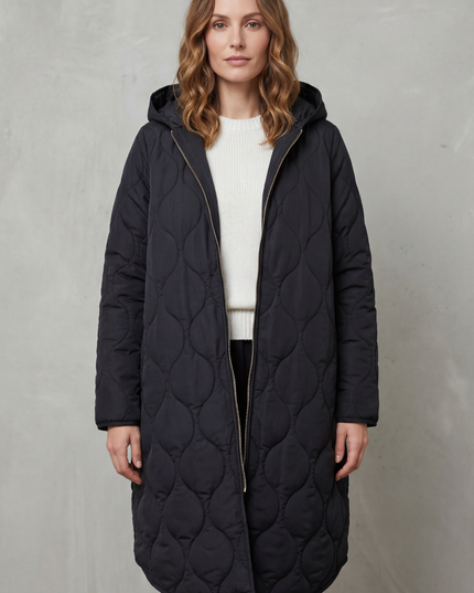 Women's Longline Puffer Coat with Wave Quilting and Hood