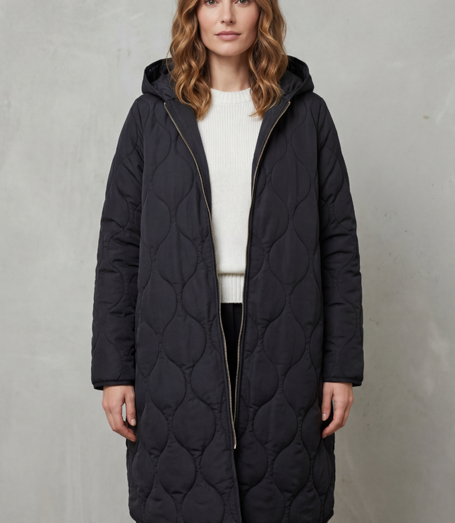 Women's Longline Puffer Coat with Wave Quilting and Hood