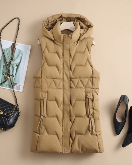 Women's Longline Puffer Vest with a Hood and Quilted Front