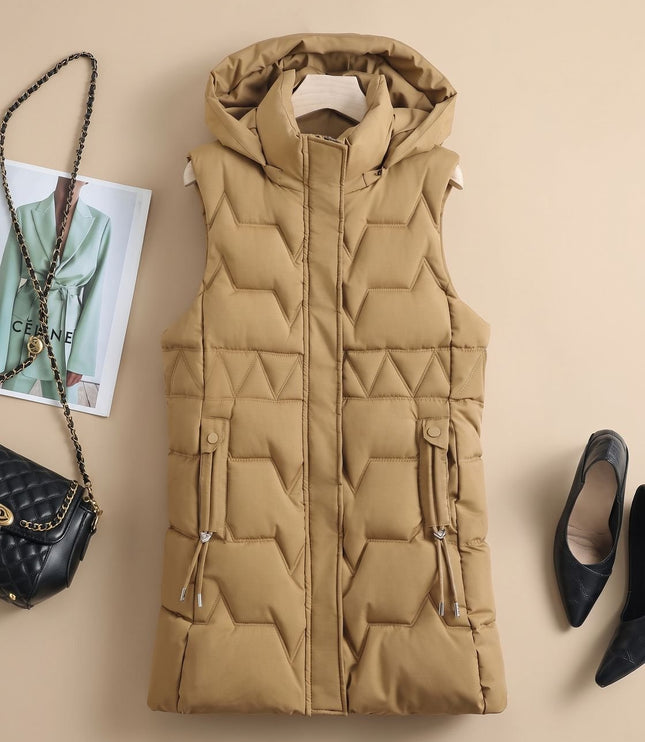 Women's Longline Puffer Vest with a Hood and Quilted Front
