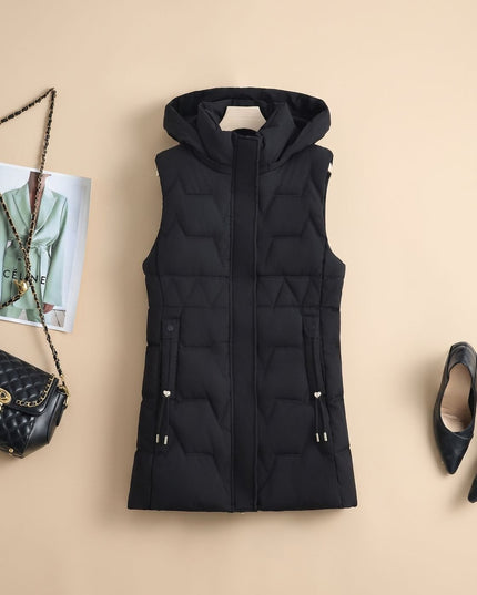 Women's Longline Puffer Vest with a Hood and Quilted Front