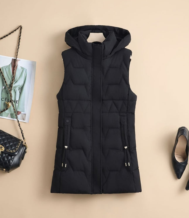 Women's Longline Puffer Vest with a Hood and Quilted Front