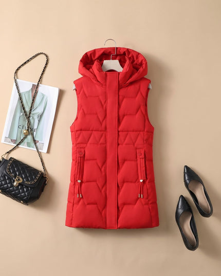 Women's Longline Puffer Vest with a Hood and Quilted Front