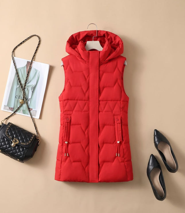 Women's Longline Puffer Vest with a Hood and Quilted Front