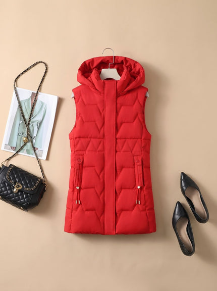 Women's Longline Puffer Vest with a Hood and Quilted Front