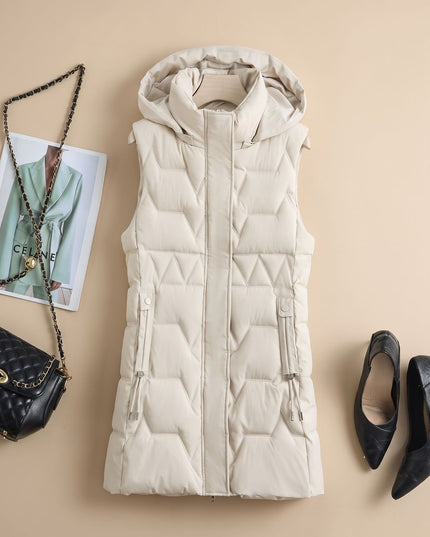 Women's Longline Puffer Vest with a Hood and Quilted Front