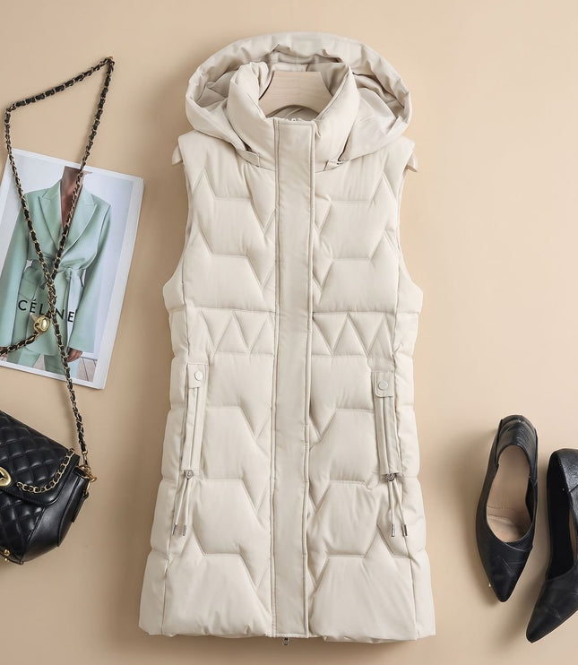 Women's Longline Puffer Vest with a Hood and Quilted Front