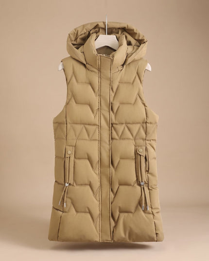 Women's Longline Puffer Vest with a Hood and Quilted Front