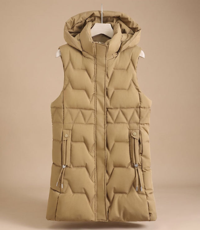 Women's Longline Puffer Vest with a Hood and Quilted Front