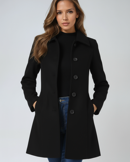 Women's Longline Tailored Coat with a High Neck and Button Front