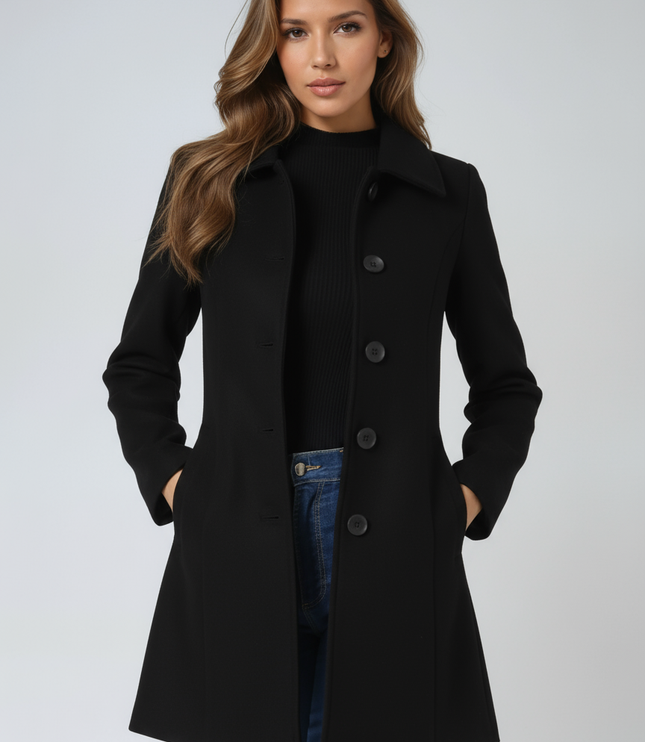 Women's Longline Tailored Coat with a High Neck and Button Front