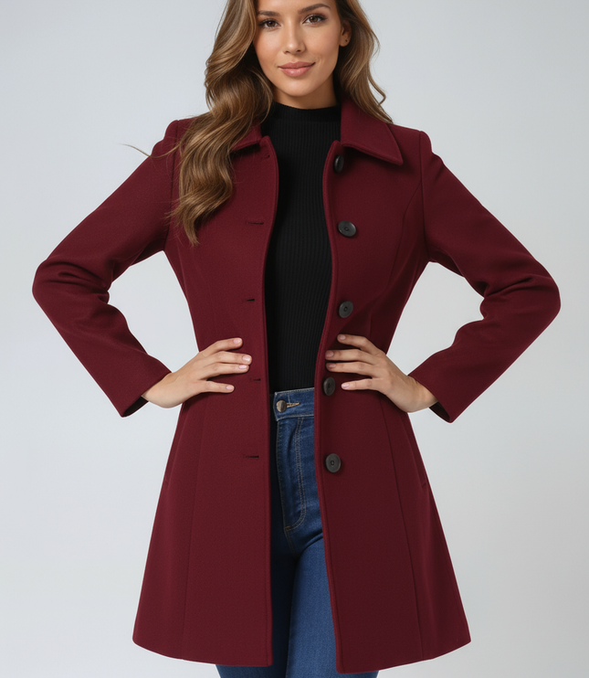 Women's Longline Tailored Coat with a High Neck and Button Front