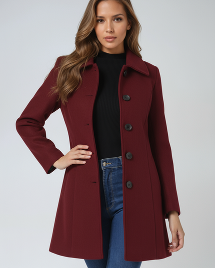 Women's Longline Tailored Coat with a High Neck and Button Front