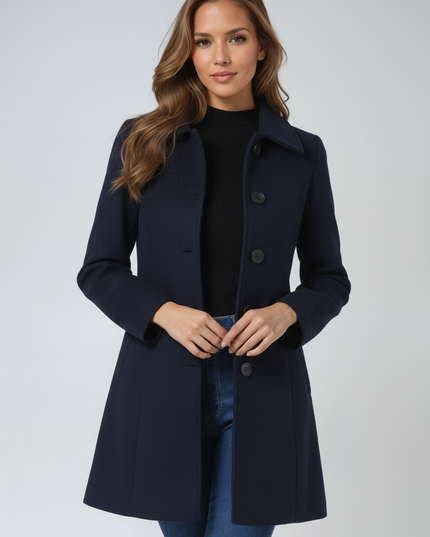 Women's Longline Tailored Coat with a High Neck and Button Front