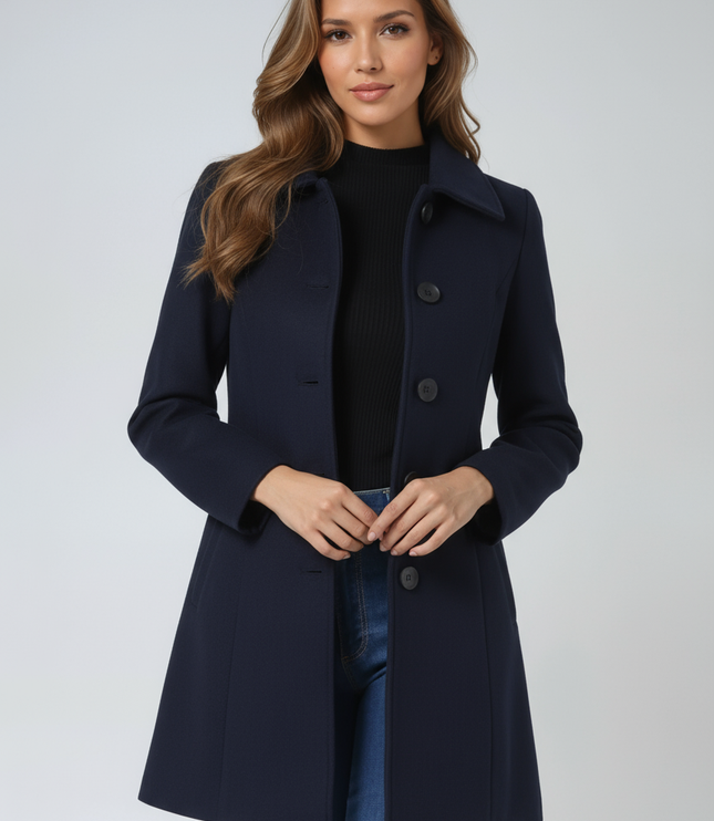 Women's Longline Tailored Coat with a High Neck and Button Front