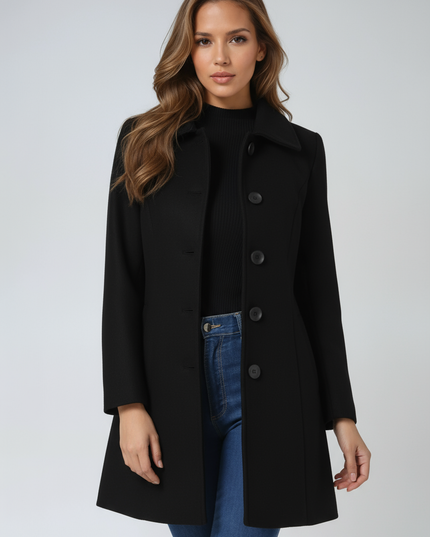 Women's Longline Tailored Coat with a High Neck and Button Front