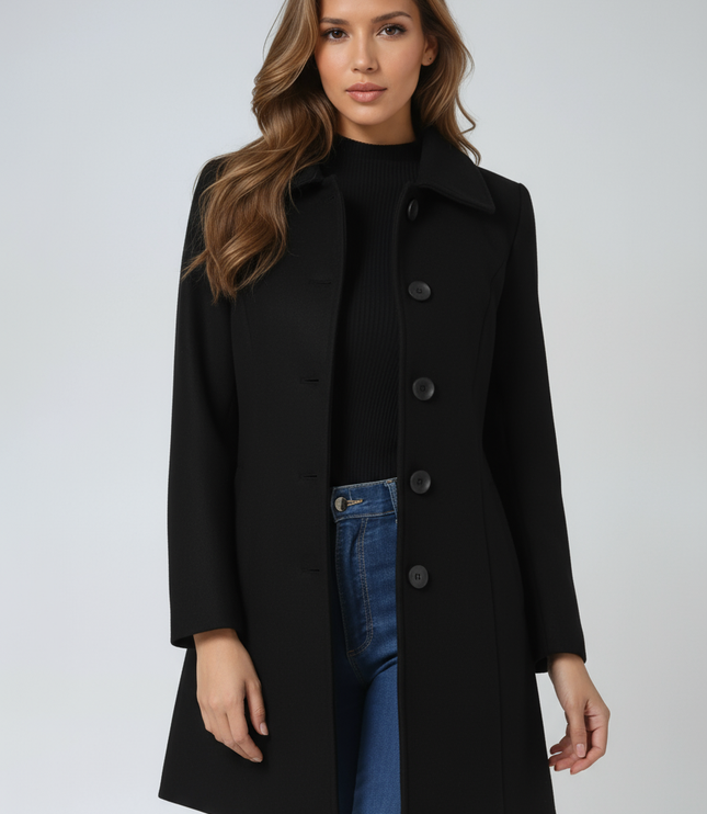 Women's Longline Tailored Coat with a High Neck and Button Front