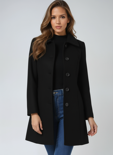 Women's Longline Tailored Coat with a High Neck and Button Front