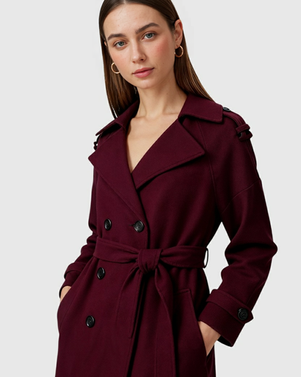 Women's Longline Trench Coat in Burgundy, Double Breasted