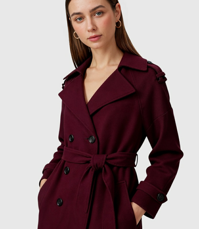 Women's Longline Trench Coat in Burgundy, Double Breasted