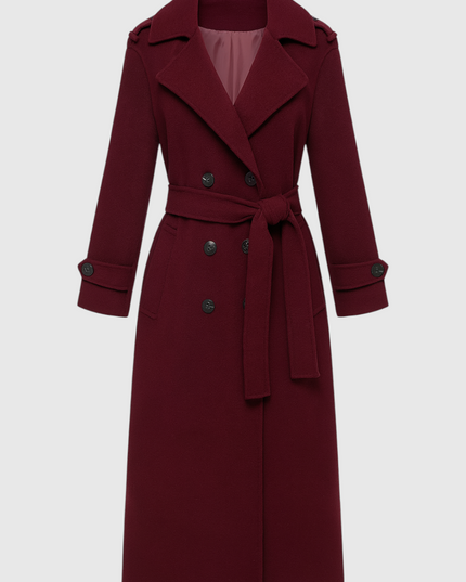 Women's Longline Trench Coat in Burgundy, Double Breasted