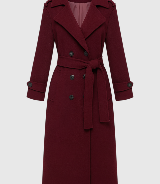 Women's Longline Trench Coat in Burgundy, Double Breasted