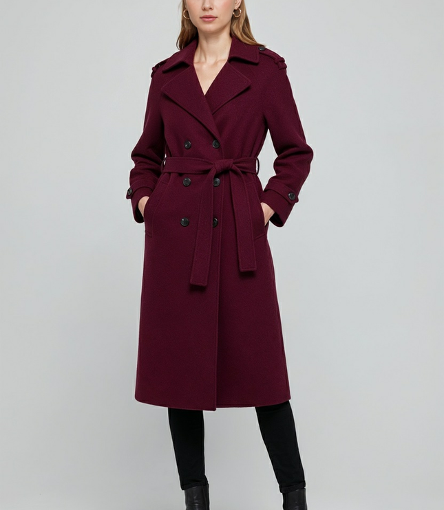 Women's Longline Trench Coat in Burgundy, Double Breasted