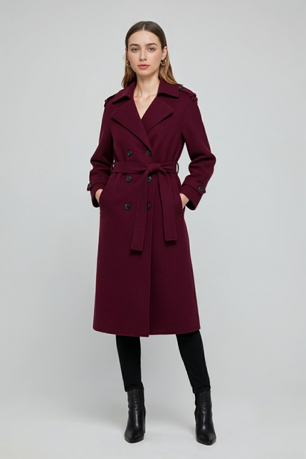 Women's Longline Trench Coat in Burgundy, Double Breasted