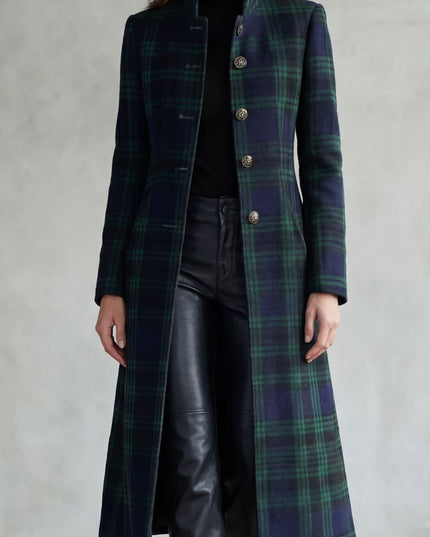 Women's Longline Winter Coat in Tartan with High Collar