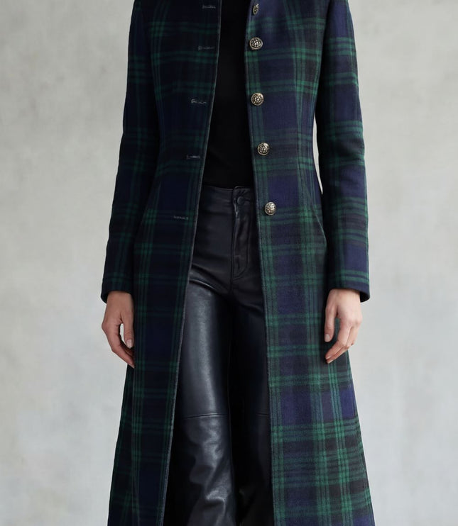 Women's Longline Winter Coat in Tartan with High Collar